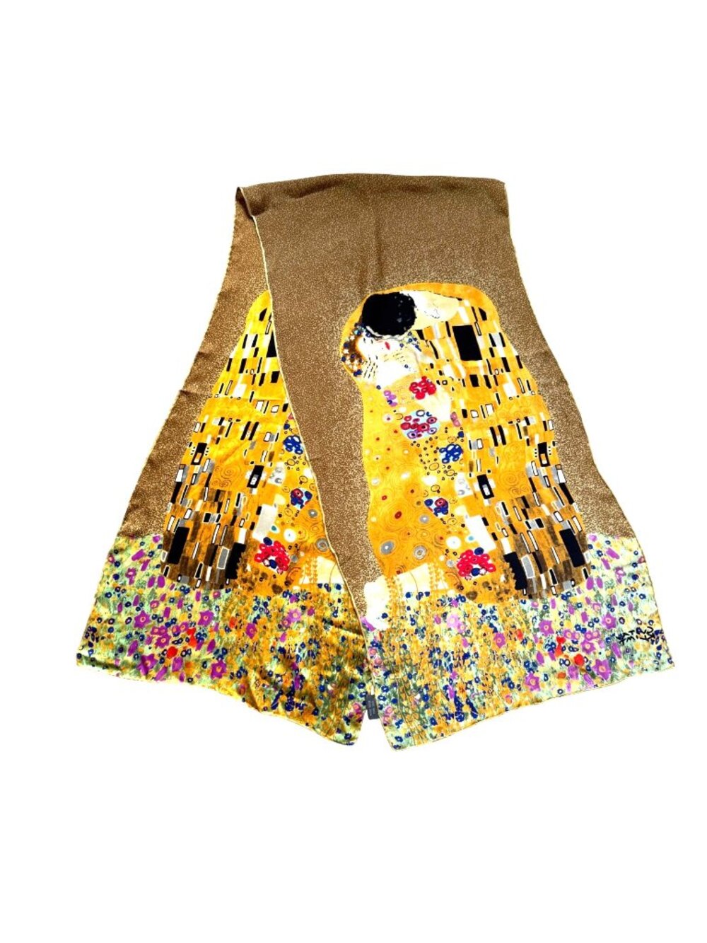 Gustav Klimt Women's Silk Scarf Floral Artsy The Kiss Lightweight Gold Floral